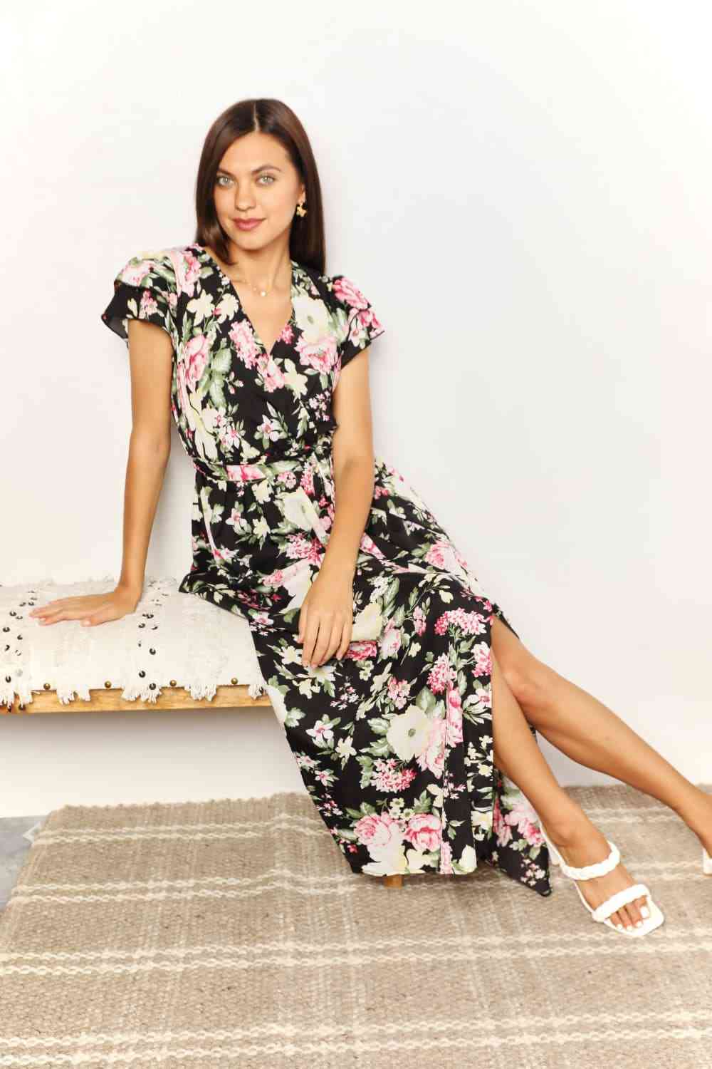 Double Take Floral Flutter Sleeve Tie-Waist Split Dress - The Sapphire Star