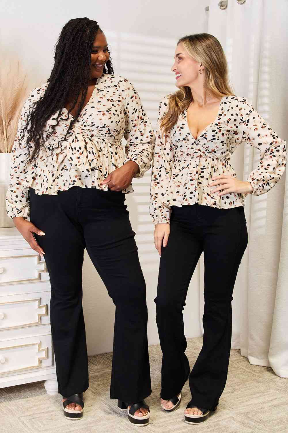 Double Take Printed Tied Plunge Peplum Blouse - The Sapphire Star