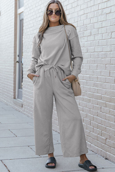 Double Take Full Size Textured Long Sleeve Top and Drawstring Pants Set - The Sapphire Star