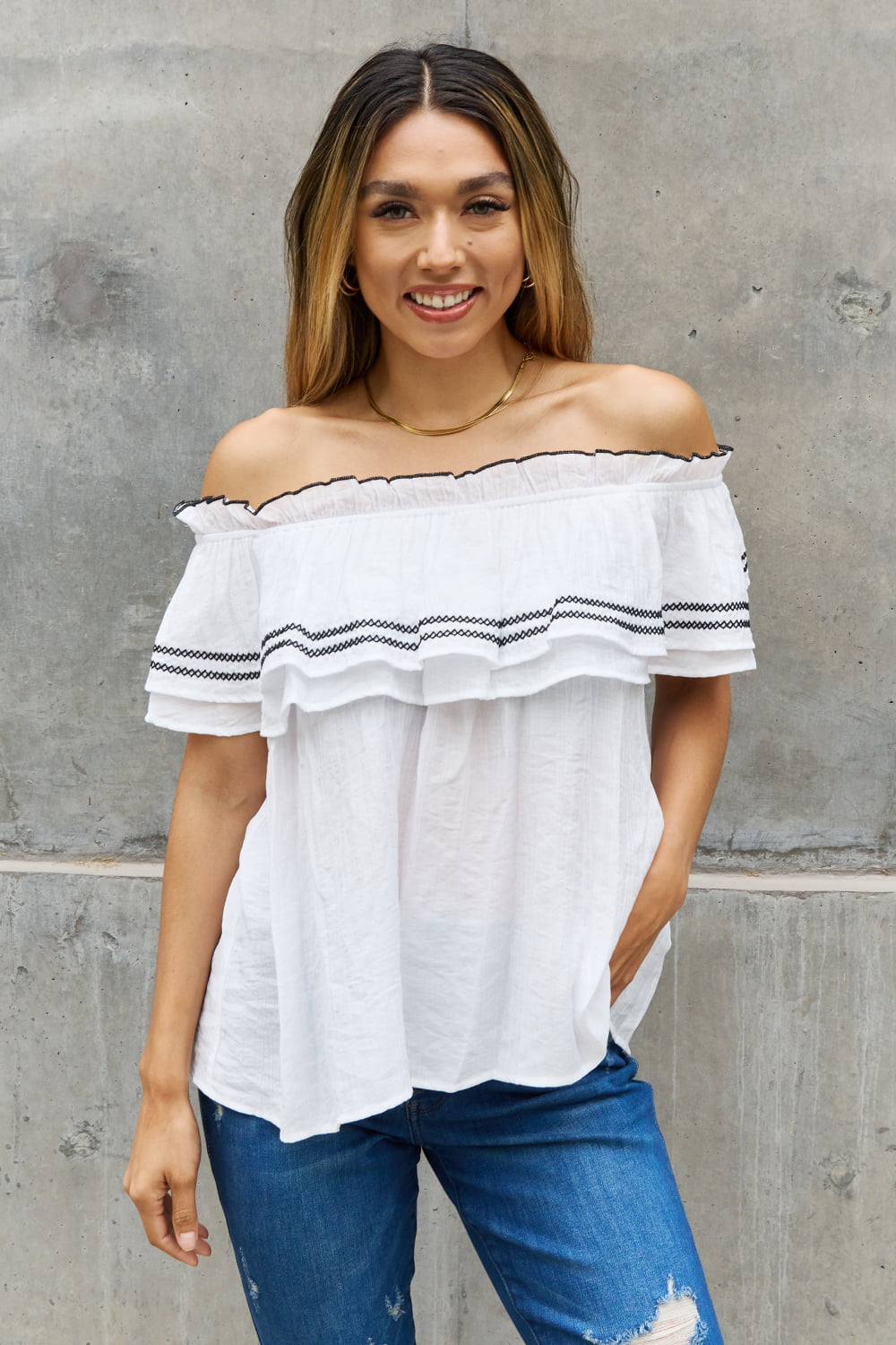 ODDI Full Size Off The Shoulder Ruffle Blouse - The Sapphire Star