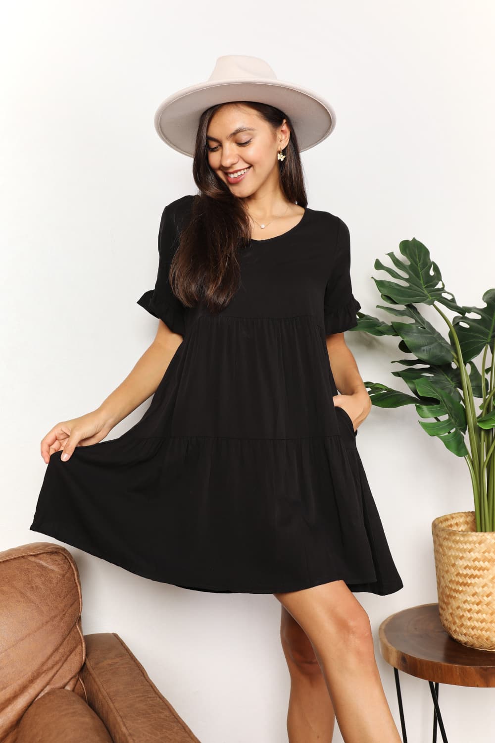 Double Take V-Neck Flounce Sleeve Tiered Dress - The Sapphire Star