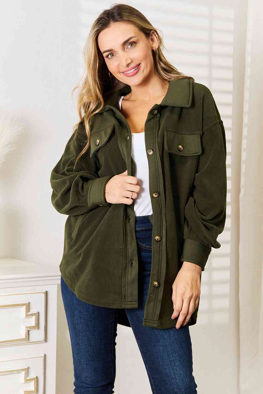 Heimish Cozy Girl Full Size Button Down Shacket - The Sapphire Star