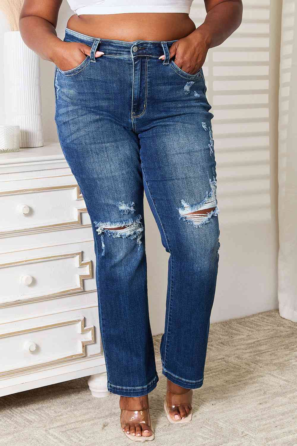 Judy Blue Full Size Mid Rise Hand Sand & Destroy Bootcut Jeans - The Sapphire Star