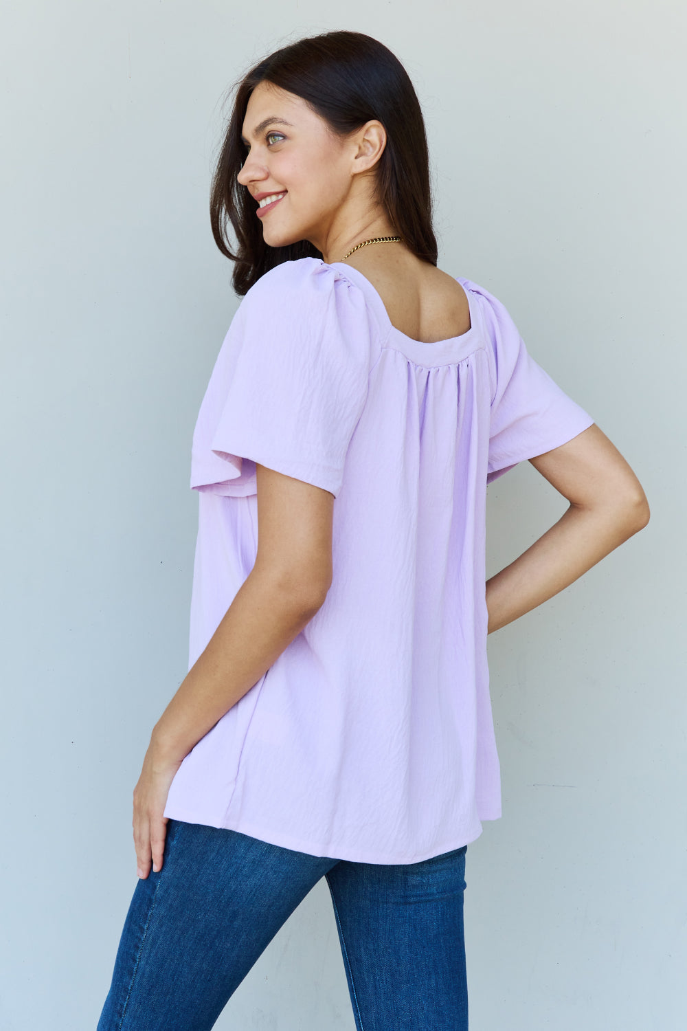 Ninexis Keep Me Close Square Neck Short Sleeve Blouse in Lavender - The Sapphire Star