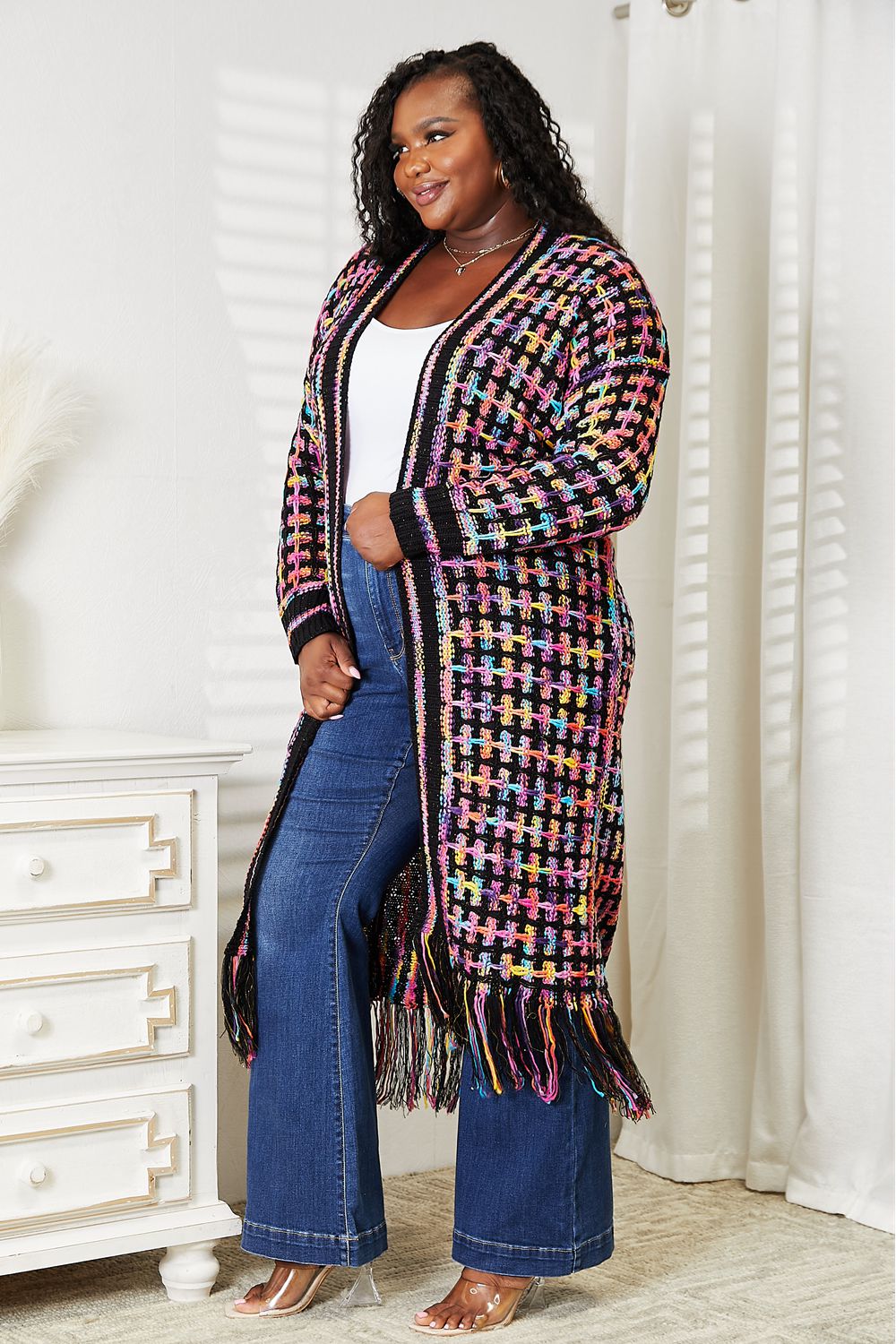 Double Take Full Size Multicolored Open Front Fringe Hem Cardigan - The Sapphire Star