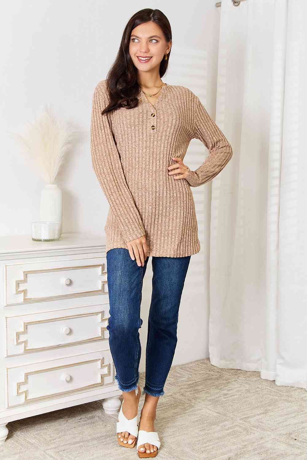 Double Take Notched Neck Ribbed Long Sleeve T-Shirt - The Sapphire Star