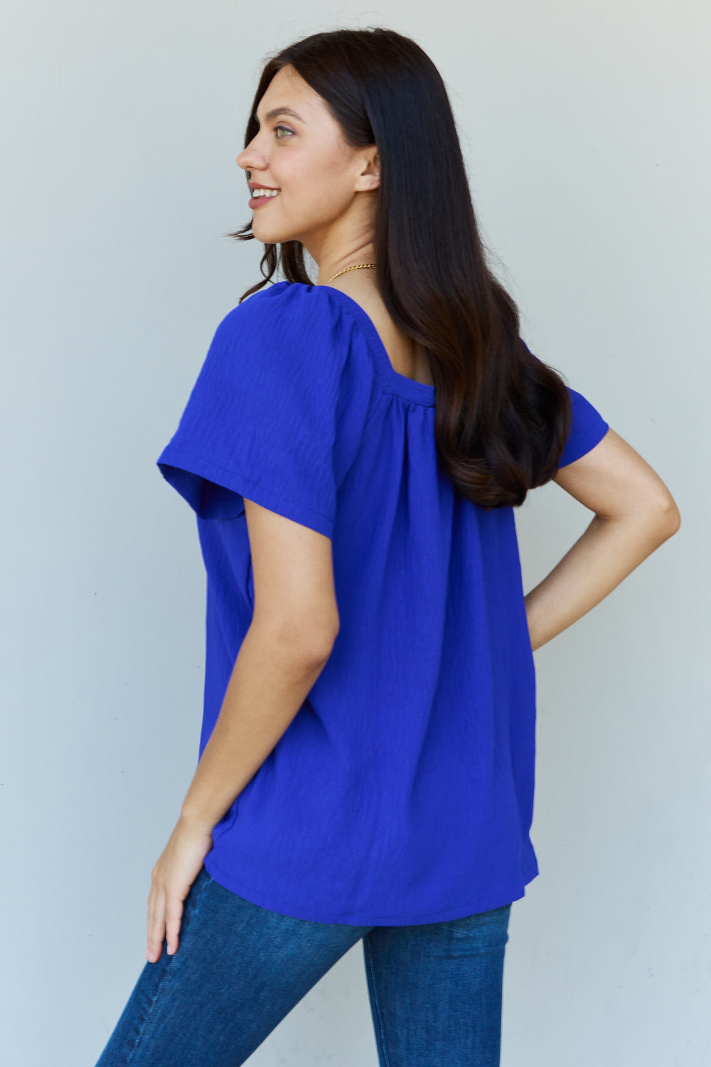 Ninexis Keep Me Close Square Neck Short Sleeve Blouse in Royal - The Sapphire Star