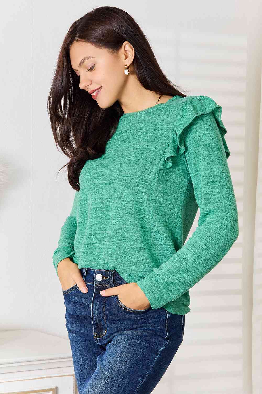 Double Take Ruffle Shoulder Long Sleeve T-Shirt - The Sapphire Star