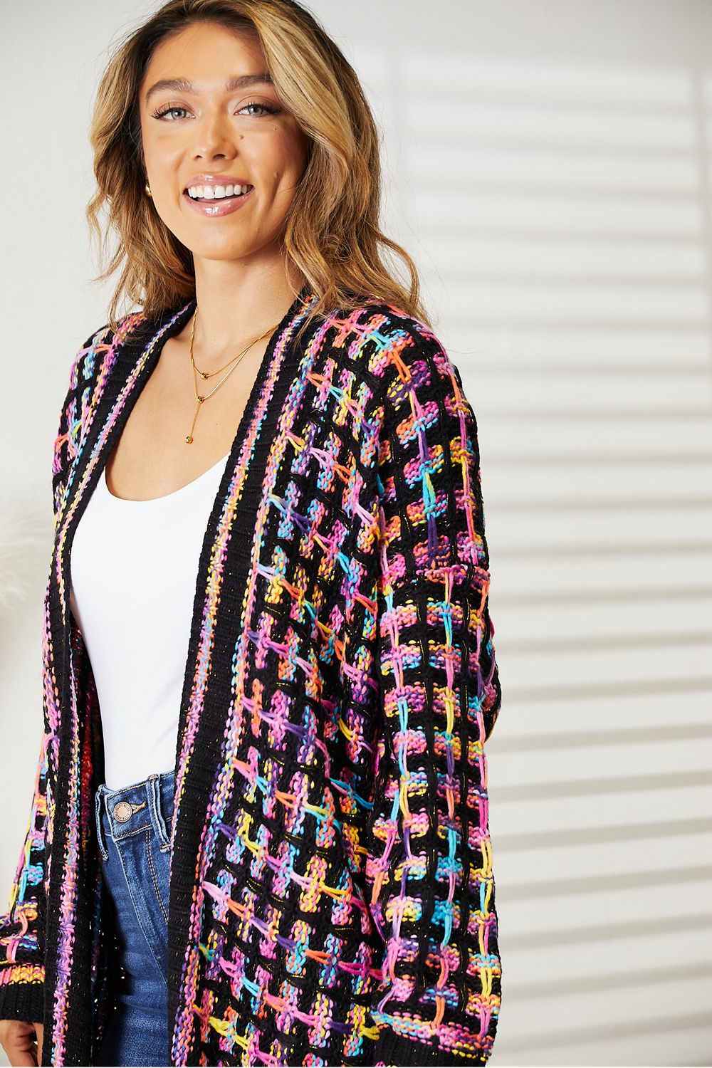 Double Take Full Size Multicolored Open Front Fringe Hem Cardigan - The Sapphire Star