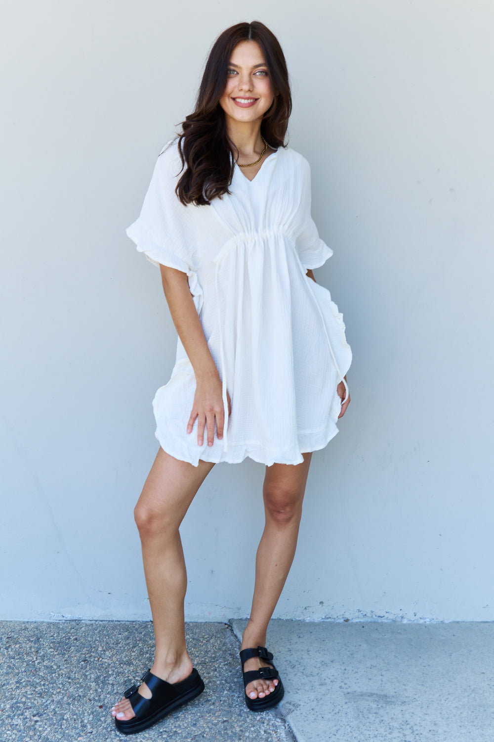 Ninexis Out Of Time Full Size Ruffle Hem Dress with Drawstring Waistband in White - The Sapphire Star