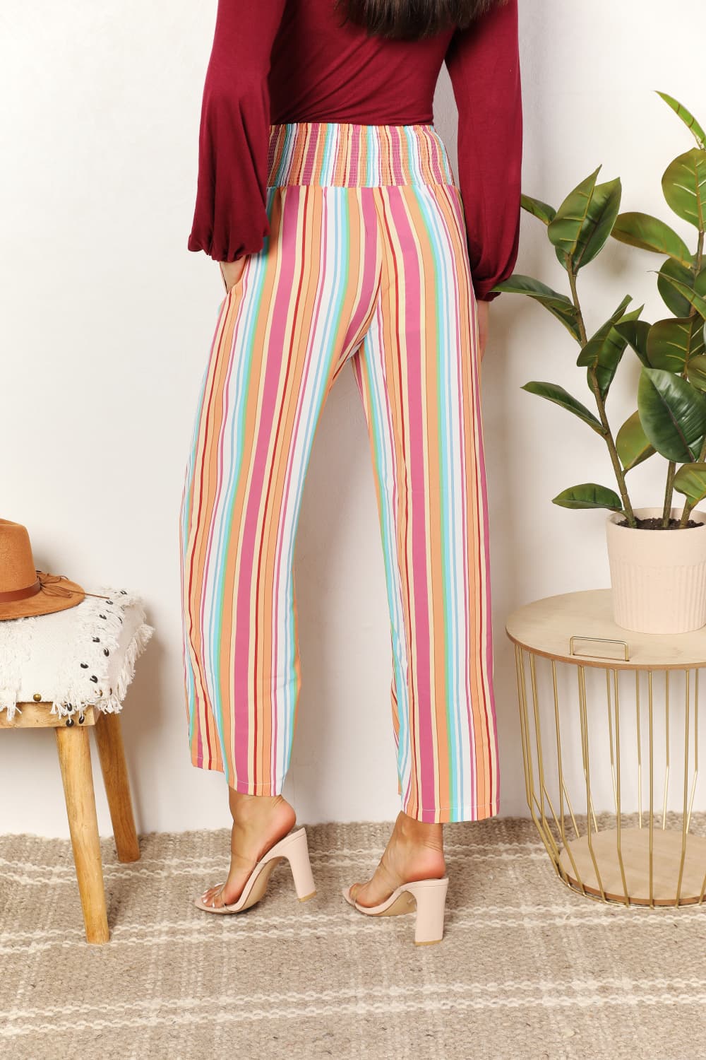 Double Take Striped Smocked Waist Pants with Pockets - The Sapphire Star