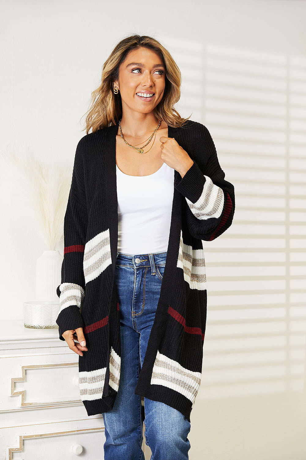 Double Take Striped Rib-Knit Drop Shoulder Open Front Cardigan - The Sapphire Star