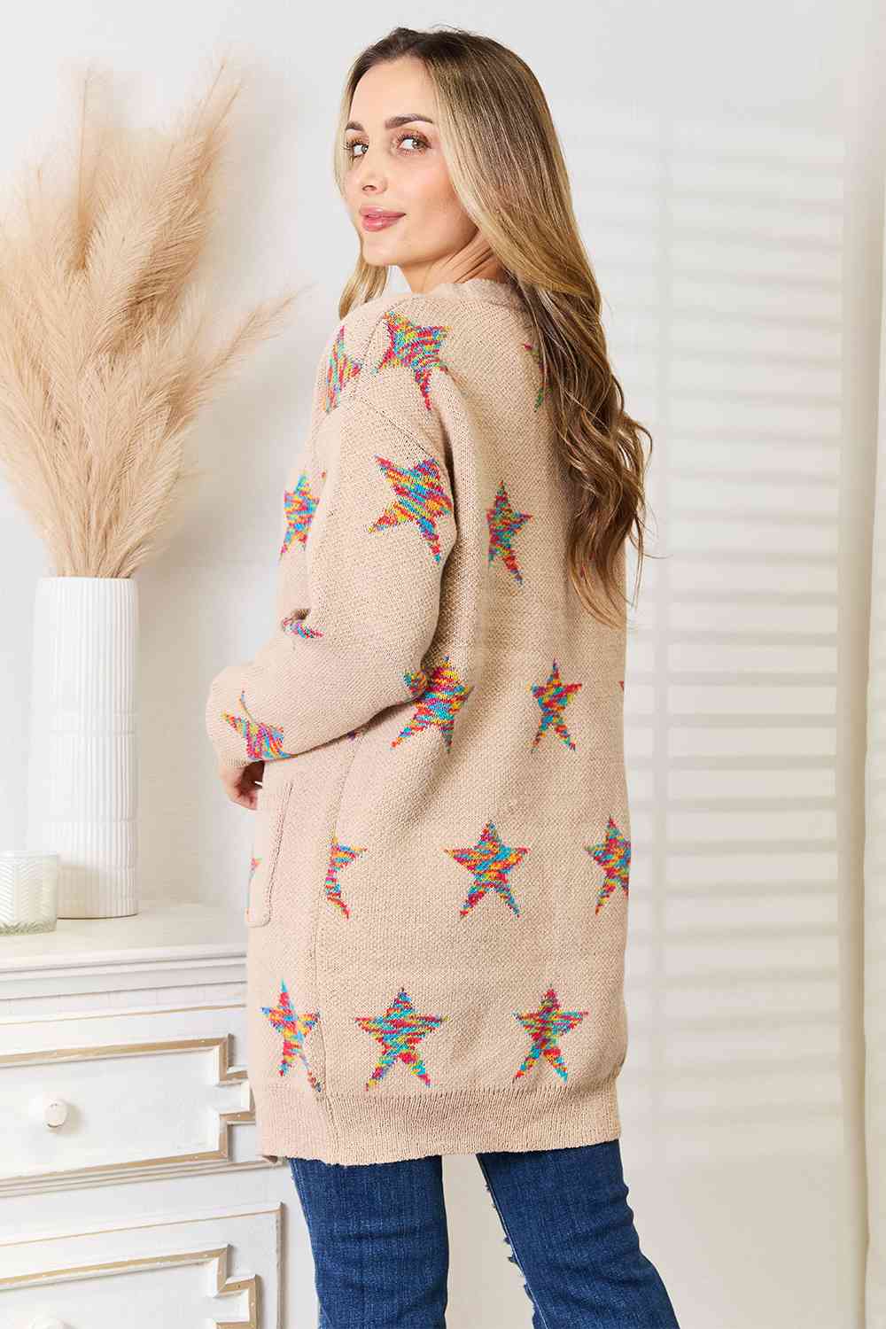 Double Take Star Pattern Open Front Longline Cardigan - The Sapphire Star