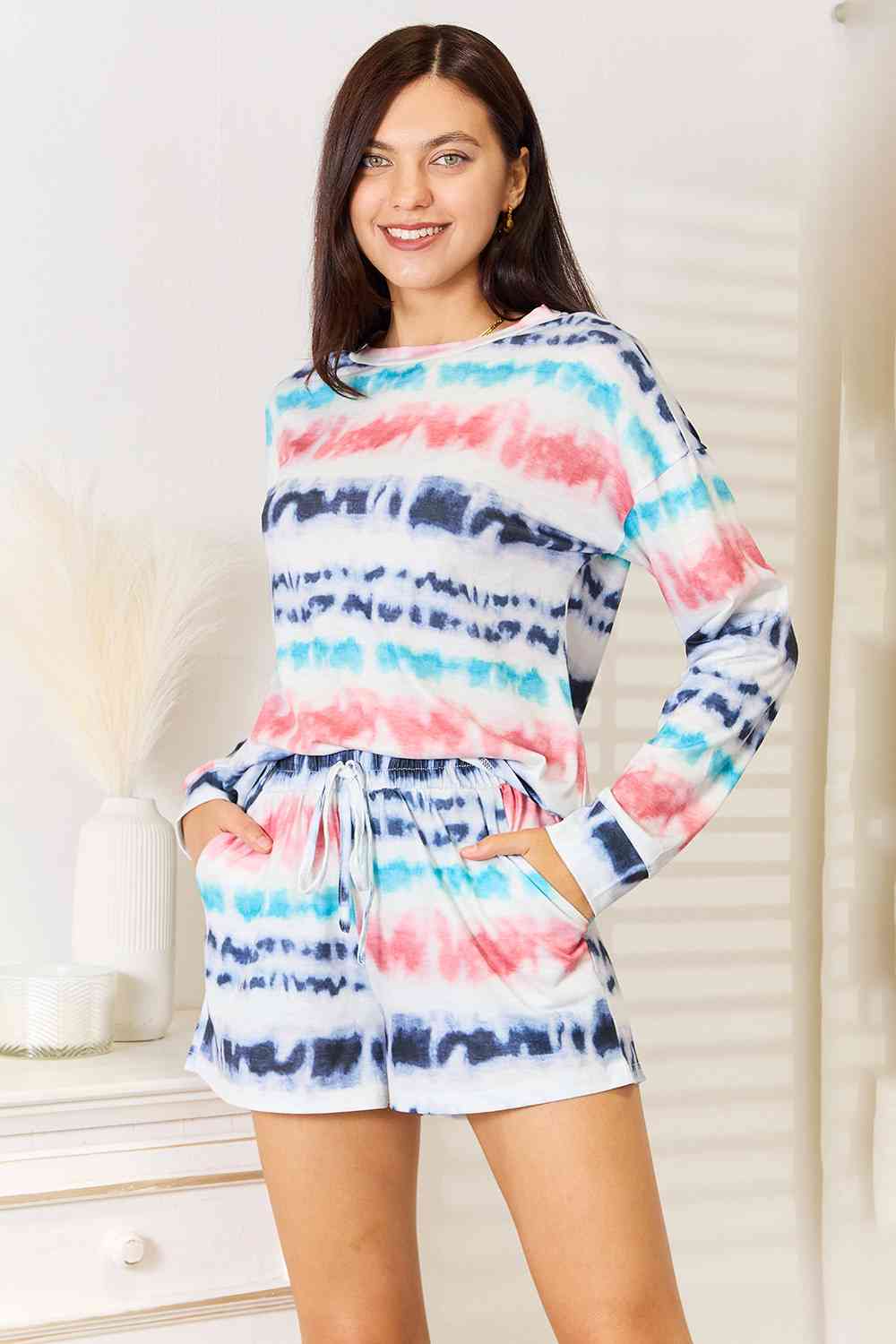 Double Take Tie-Dye Dropped Shoulder Lounge Set - The Sapphire Star