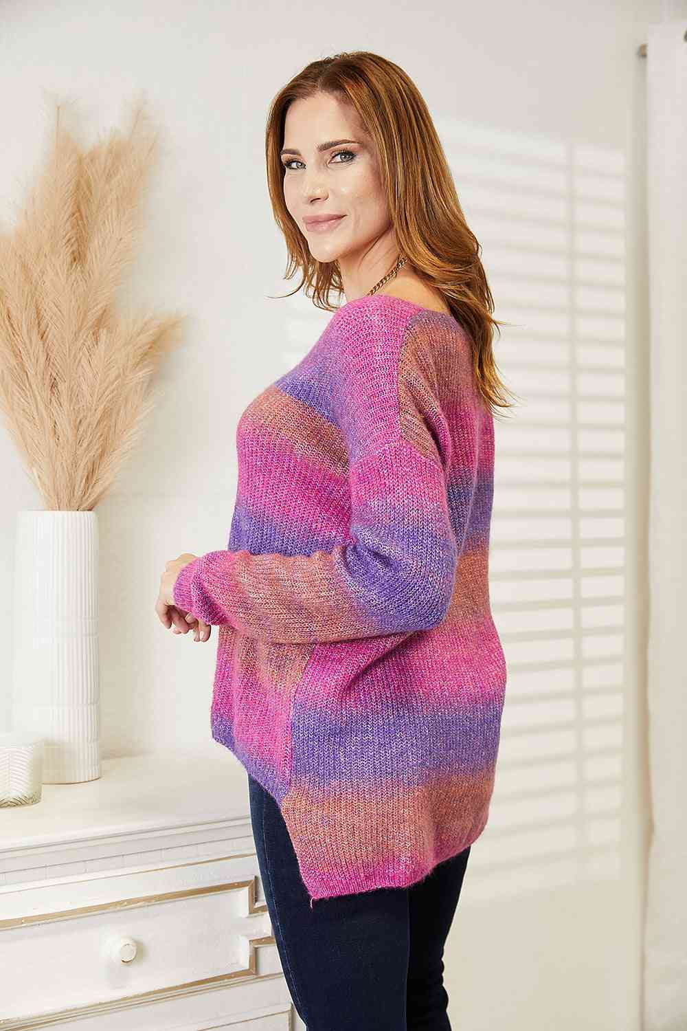 Double Take Multicolored Rib-Knit V-Neck Knit Pullover - The Sapphire Star