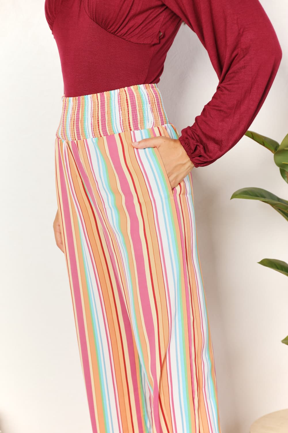 Double Take Striped Smocked Waist Pants with Pockets - The Sapphire Star