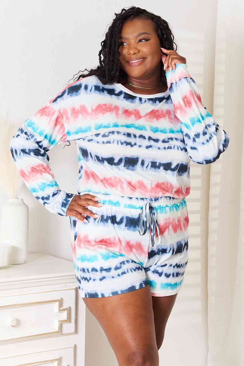 Double Take Tie-Dye Dropped Shoulder Lounge Set - The Sapphire Star