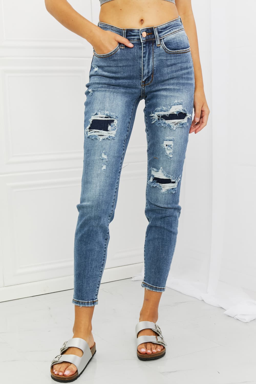 Judy Blue Dahlia Full Size Distressed Patch Jeans - The Sapphire Star