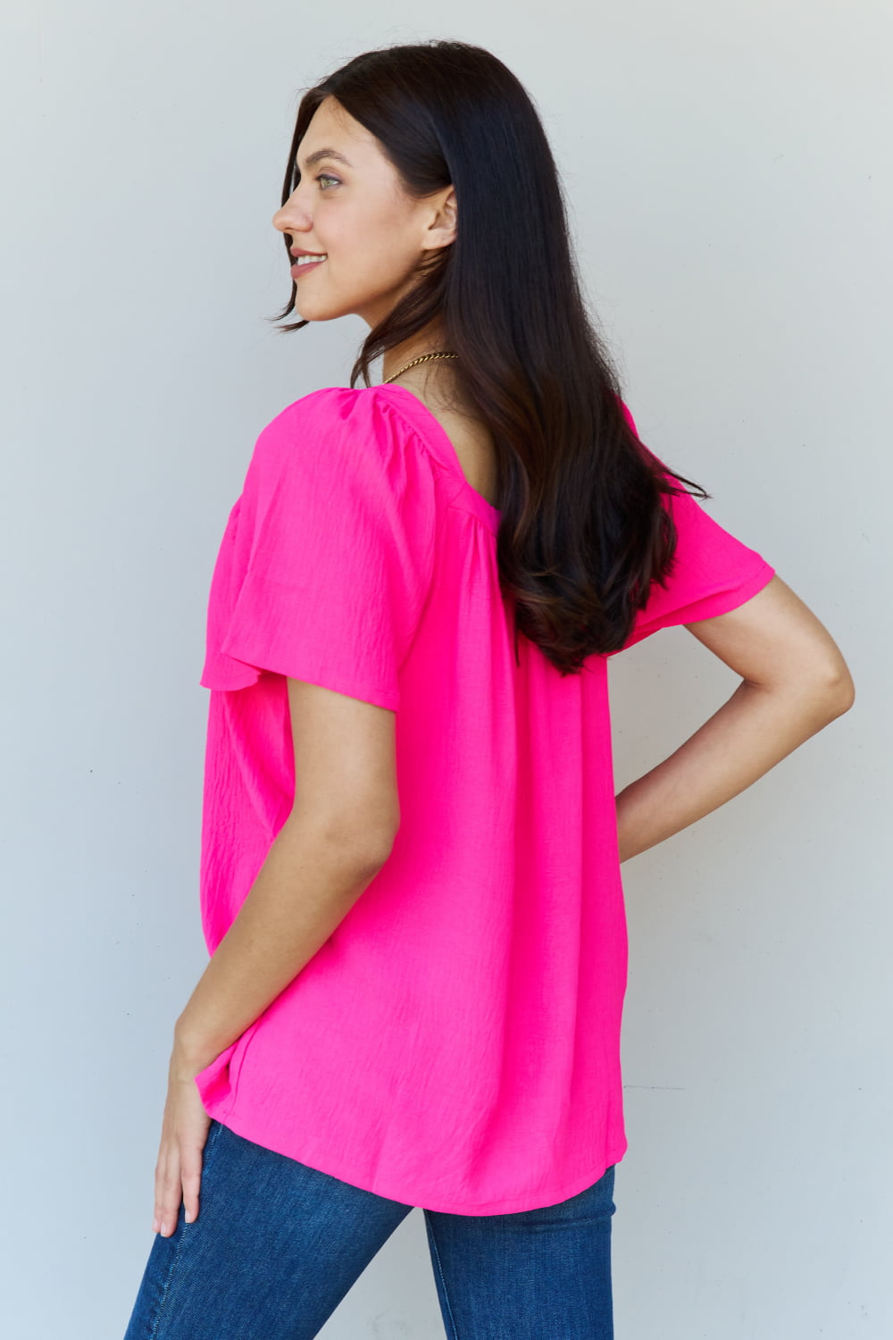 Ninexis Keep Me Close Square Neck Short Sleeve Blouse in Fuchsia - The Sapphire Star