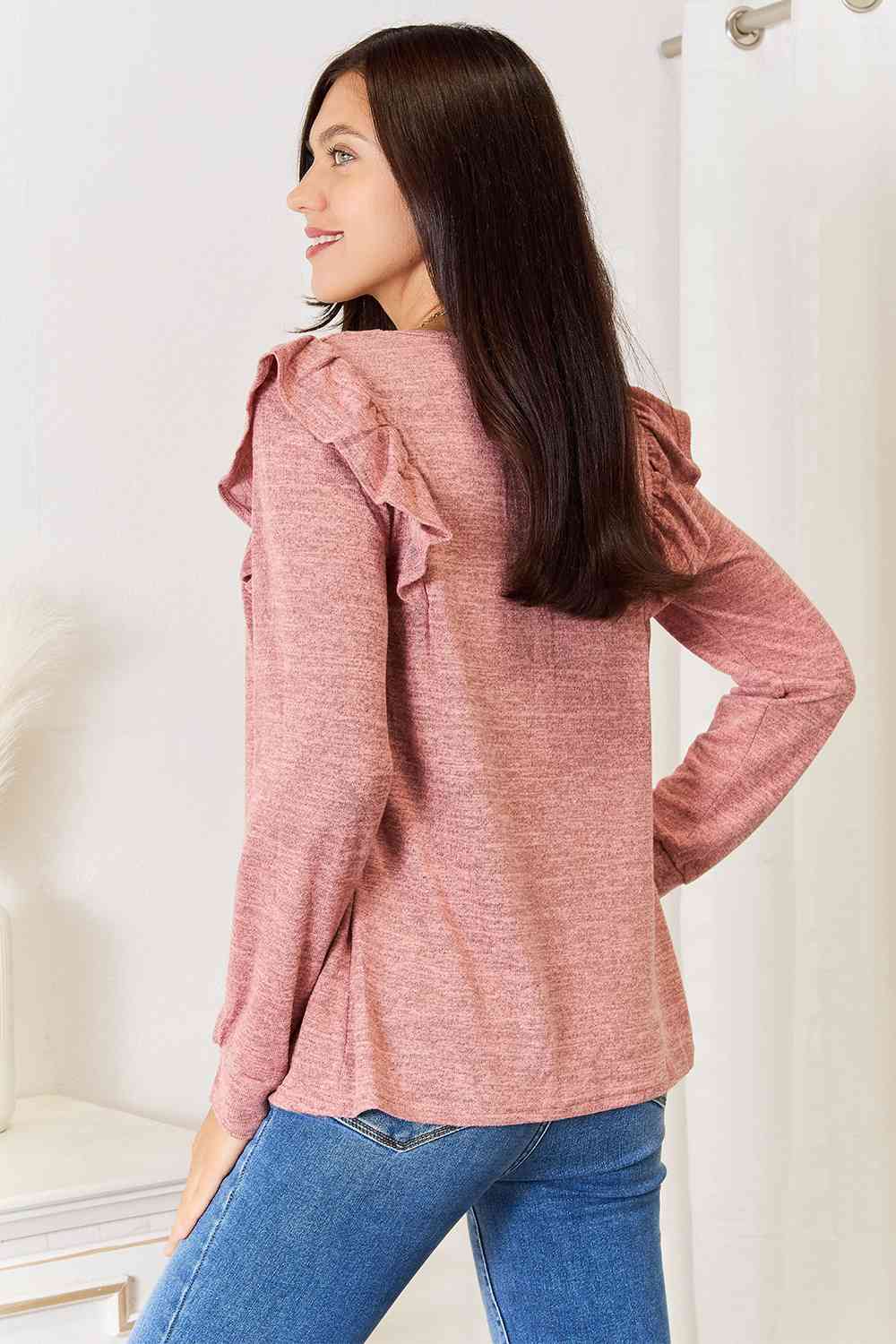 Double Take Square Neck Ruffle Shoulder Long Sleeve T-Shirt - The Sapphire Star