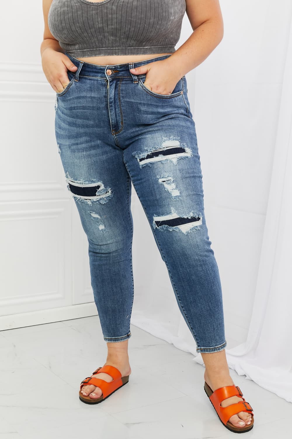 Judy Blue Dahlia Full Size Distressed Patch Jeans - The Sapphire Star