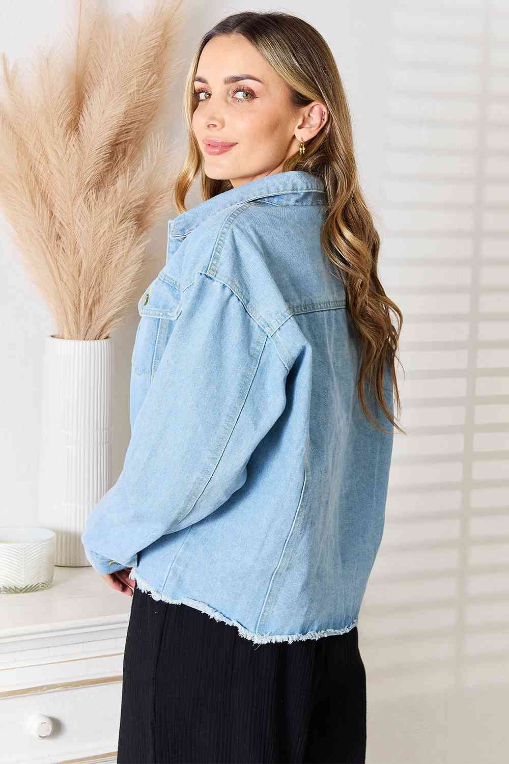 Double Take Dropped Shoulder Raw Hem Denim Jacket - The Sapphire Star